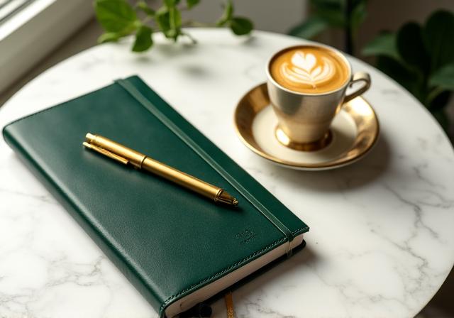 Un taccuino elegante accanto a una tazzina di caffè DecoCaffè su un tavolo in marmo